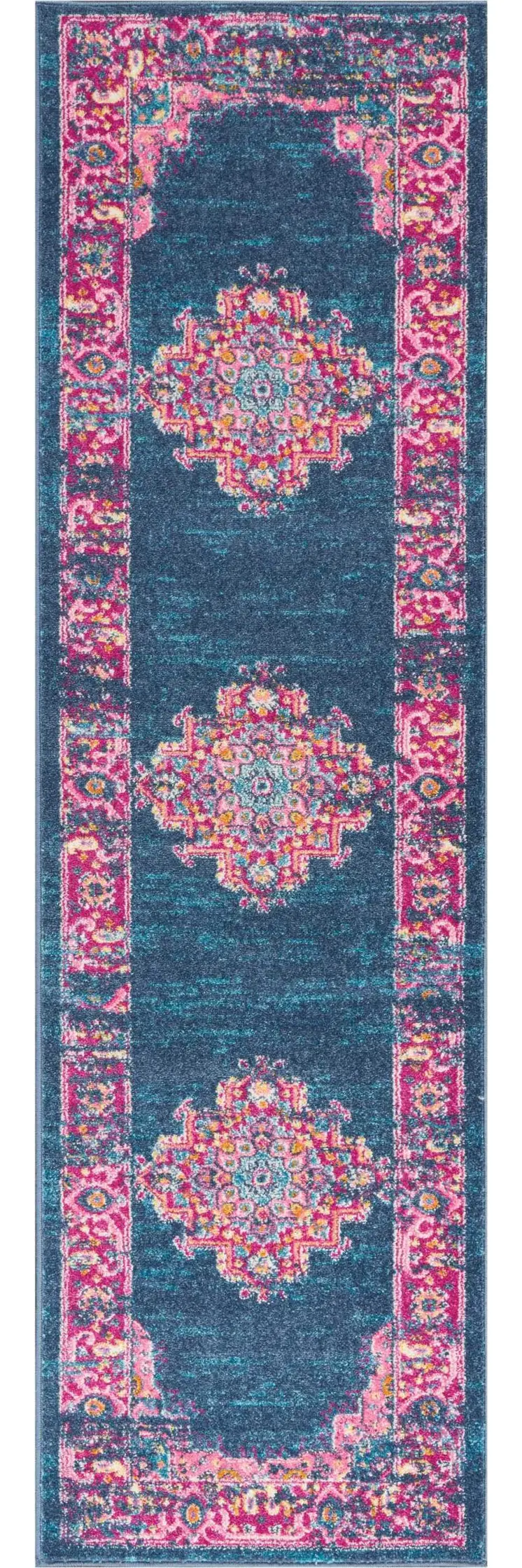 8' Blue And Pink Medallion Distressed Runner Rug
