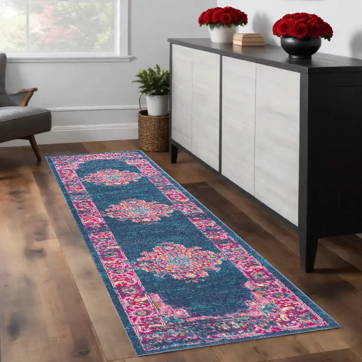 8' Blue And Pink Medallion Distressed Runner Rug