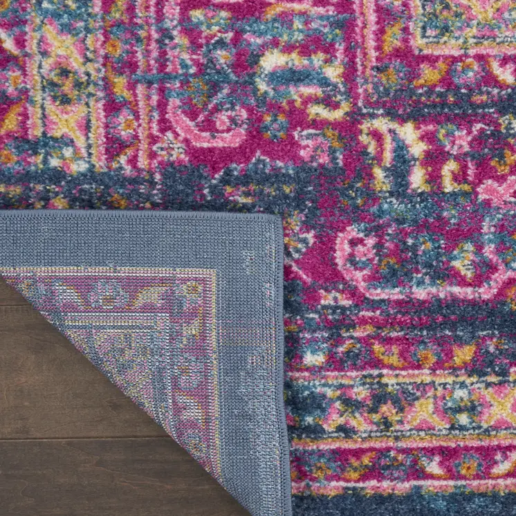 8' Blue And Pink Medallion Distressed Runner Rug