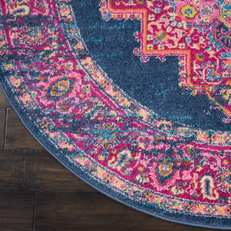 4' Blue And Pink Medallion Distressed Round Rug