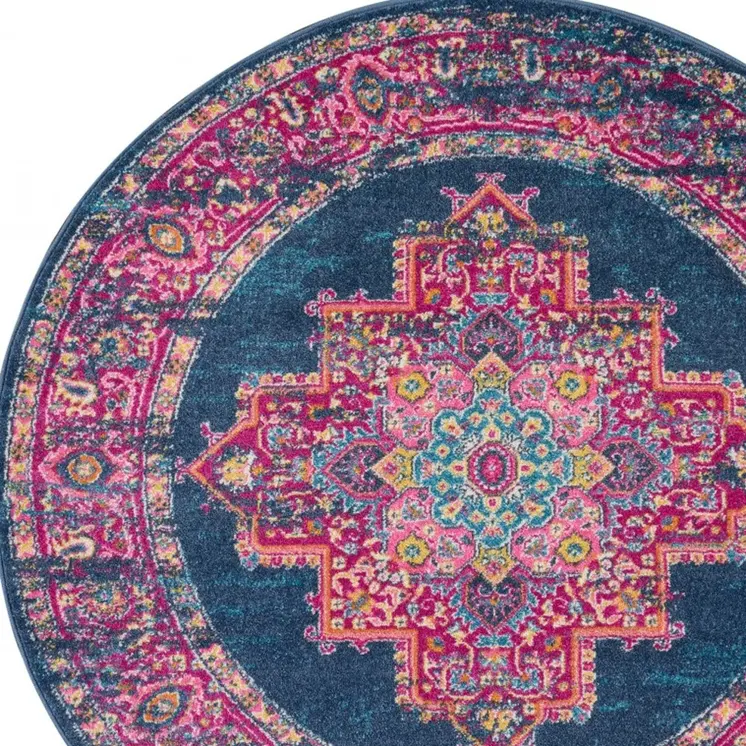 4' Blue And Pink Medallion Distressed Round Rug