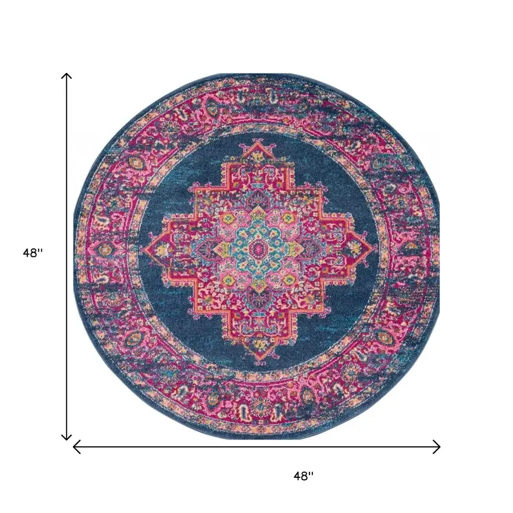 4' Blue And Pink Medallion Distressed Round Rug