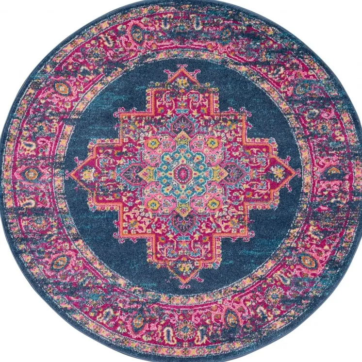4' Blue And Pink Medallion Distressed Round Rug