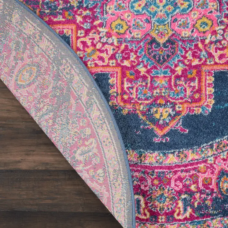 5' Blue And Pink Medallion Distressed Round Rug