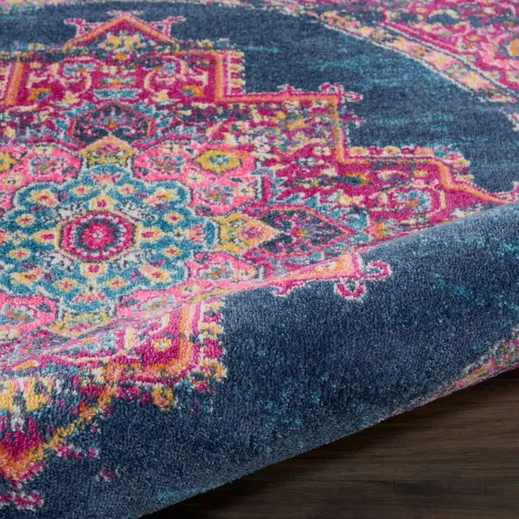 5' Blue And Pink Medallion Distressed Round Rug