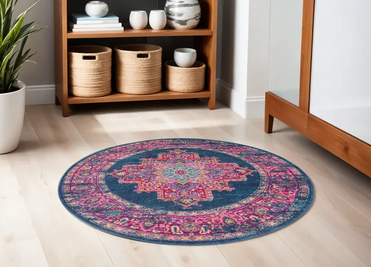 5' Blue And Pink Medallion Distressed Round Rug
