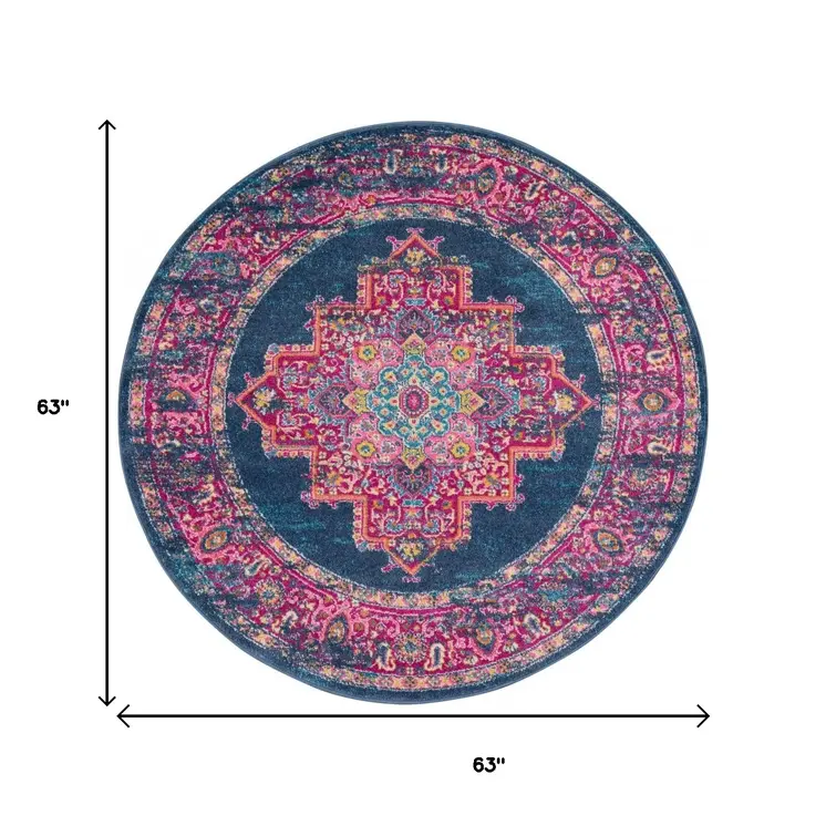 5' Blue And Pink Medallion Distressed Round Rug