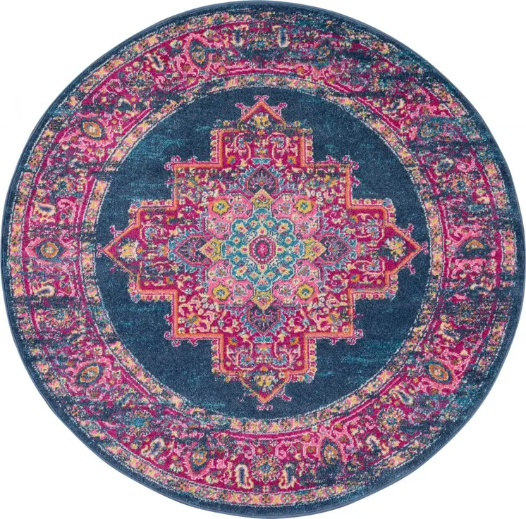 5' Blue And Pink Medallion Distressed Round Rug