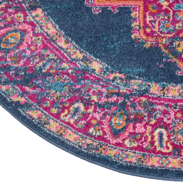 5' Blue And Pink Medallion Distressed Round Rug