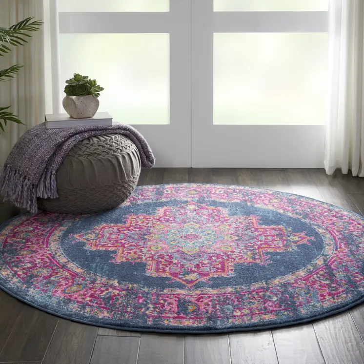 5' Blue And Pink Medallion Distressed Round Rug