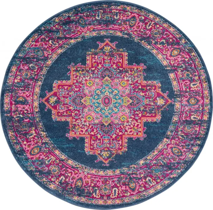 5' Blue And Pink Medallion Distressed Round Rug