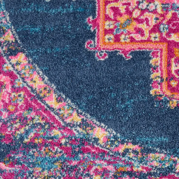 5' Blue And Pink Medallion Distressed Round Rug