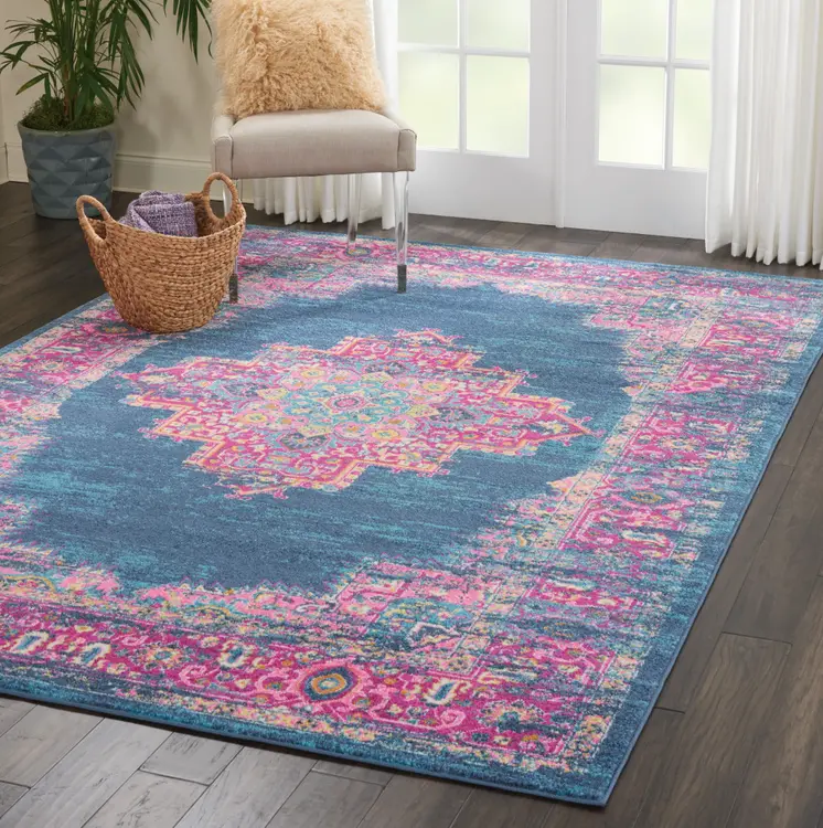 7' X 10' Blue And Pink Medallion Distressed Area Rug