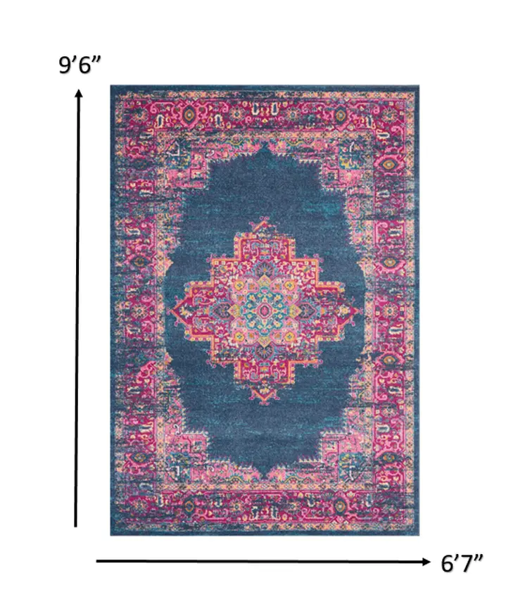 7' X 10' Blue And Pink Medallion Distressed Area Rug