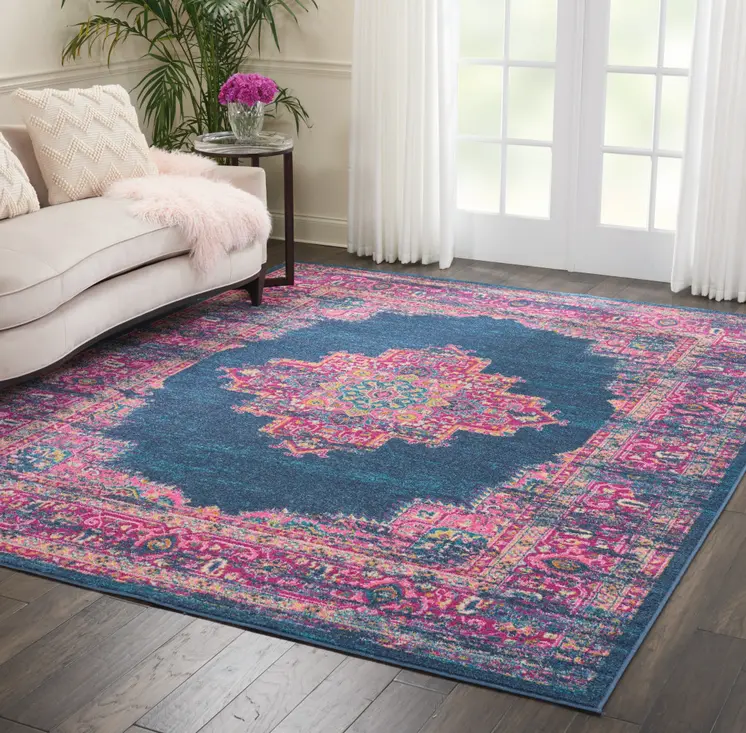 8' X 10' Blue And Pink Medallion Distressed Area Rug