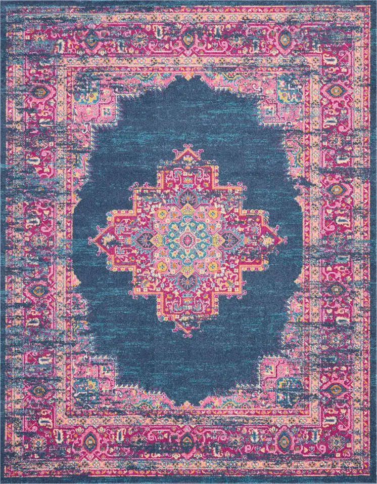 8' X 10' Blue And Pink Medallion Distressed Area Rug