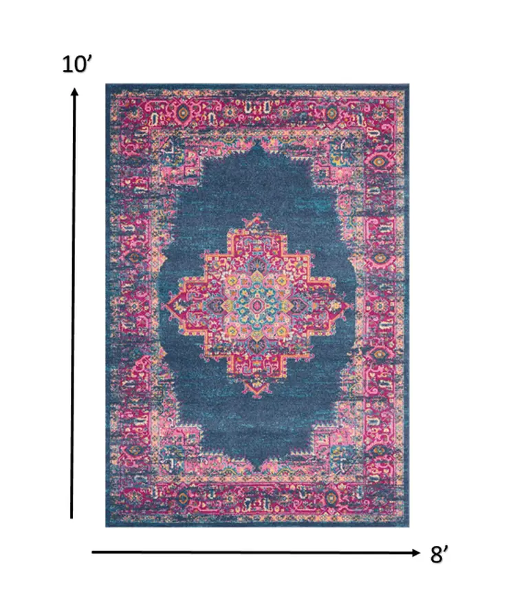 8' X 10' Blue And Pink Medallion Distressed Area Rug