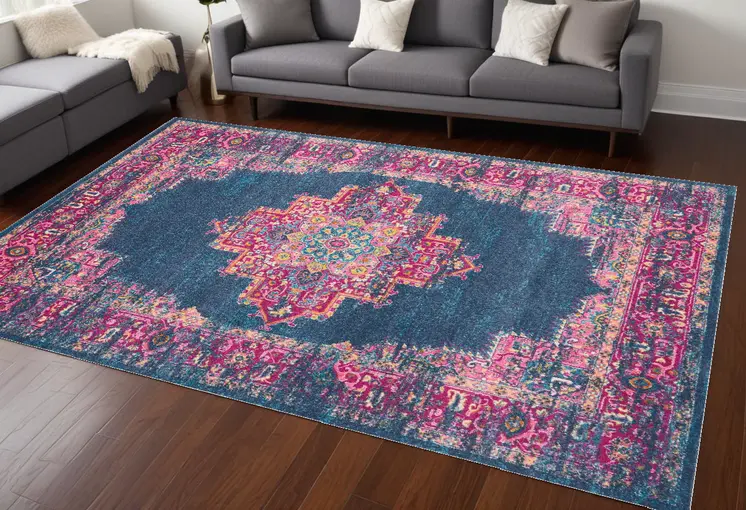 8' X 10' Blue And Pink Medallion Distressed Area Rug