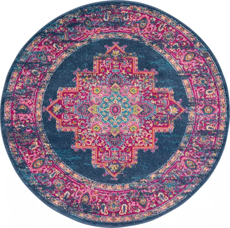 8' Blue And Pink Medallion Distressed Round Rug