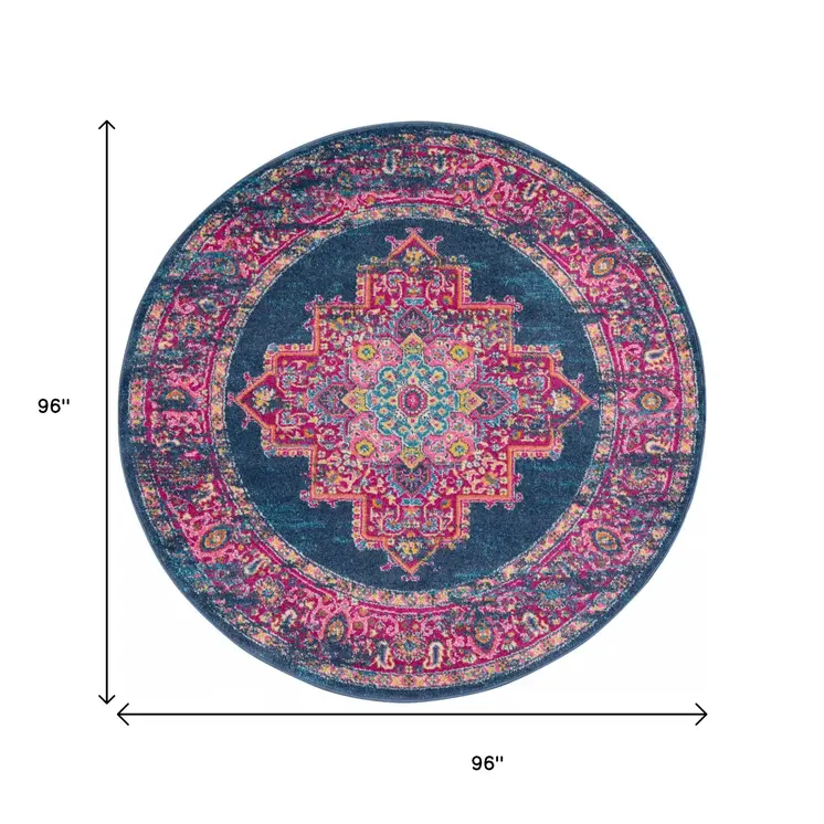 8' Blue And Pink Medallion Distressed Round Rug
