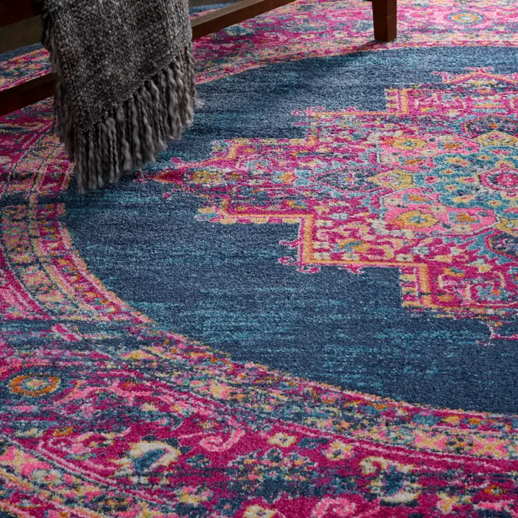 8' Blue And Pink Medallion Distressed Round Rug