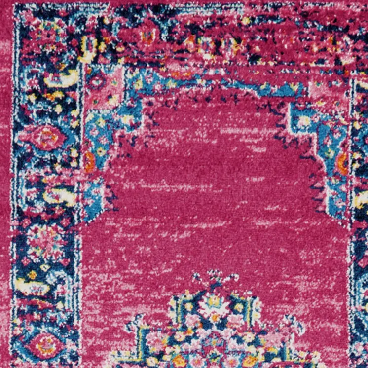 10' Fuchsia And Blue Oriental Distressed Runner Rug