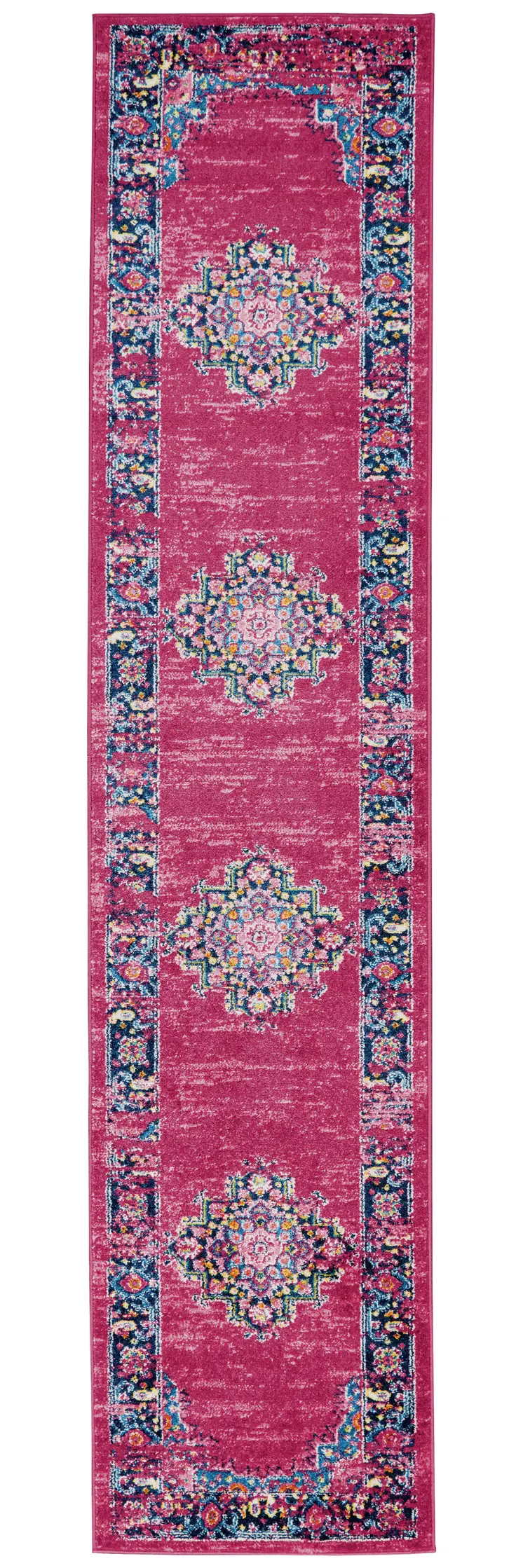 10' Fuchsia And Blue Oriental Distressed Runner Rug
