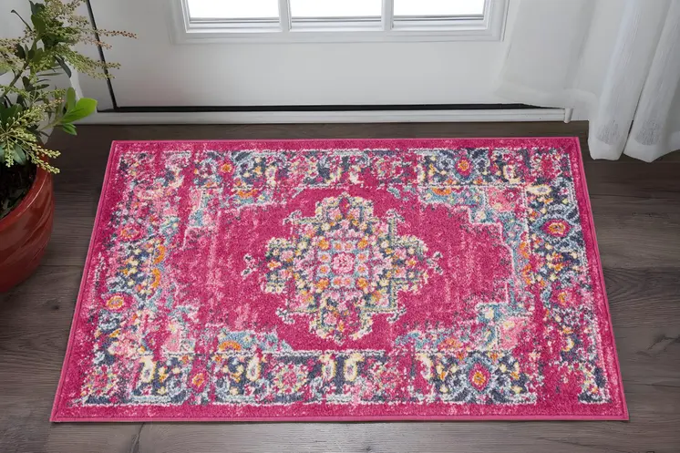 2' X 3' Fuchsia And Blue Oriental Distressed Area Rug