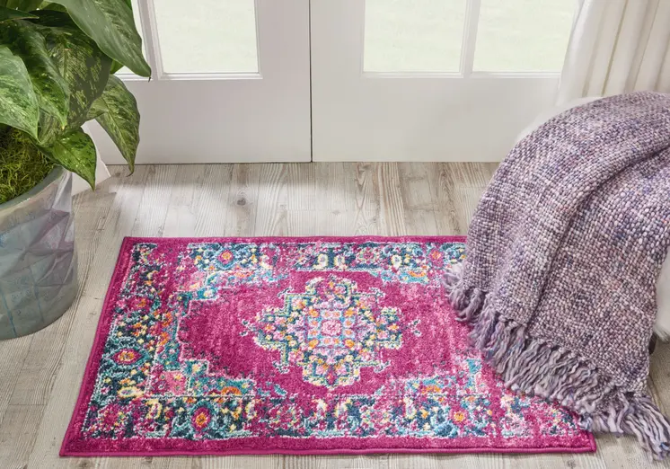 2' X 3' Fuchsia And Blue Oriental Distressed Area Rug