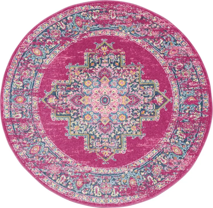 4' Fuchsia And Blue Oriental Distressed Round Rug