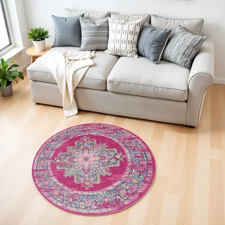 4' Fuchsia And Blue Oriental Distressed Round Rug