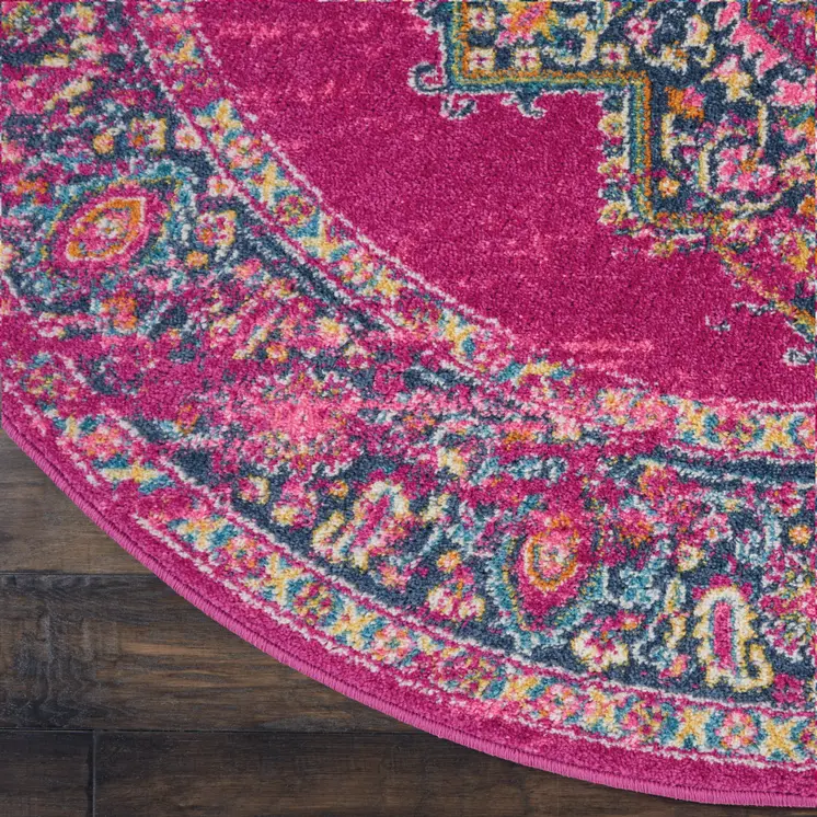 4' Fuchsia And Blue Oriental Distressed Round Rug