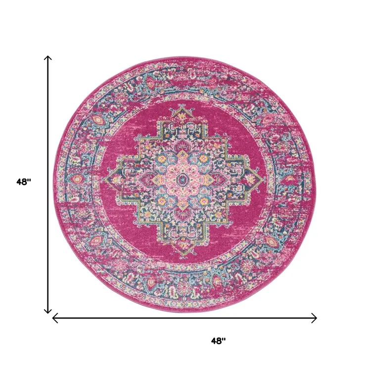 4' Fuchsia And Blue Oriental Distressed Round Rug