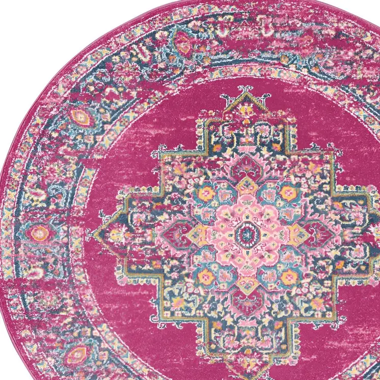 4' Fuchsia And Blue Oriental Distressed Round Rug