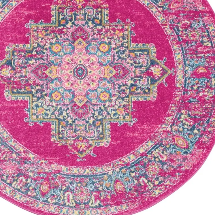 4' Fuchsia And Blue Oriental Distressed Round Rug