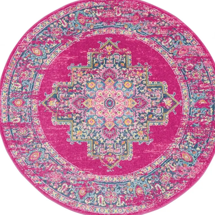 4' Fuchsia And Blue Oriental Distressed Round Rug