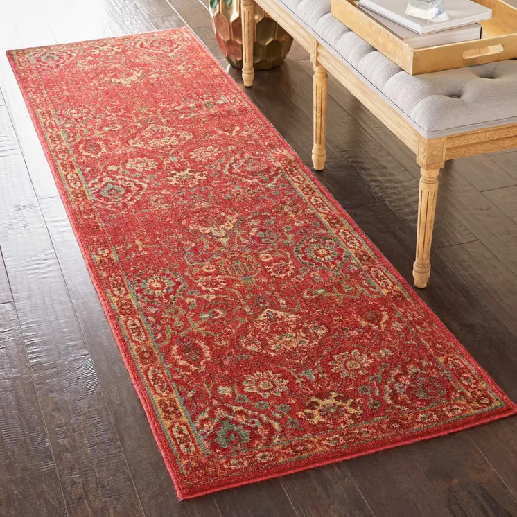 4' Fuchsia And Blue Oriental Distressed Round Rug