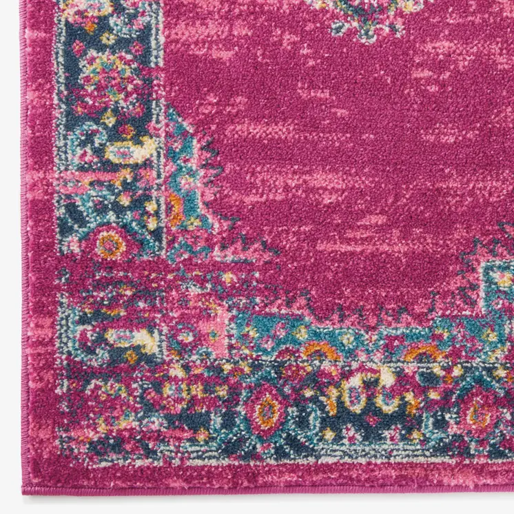 5' X 7' Fuchsia And Blue Oriental Distressed Area Rug
