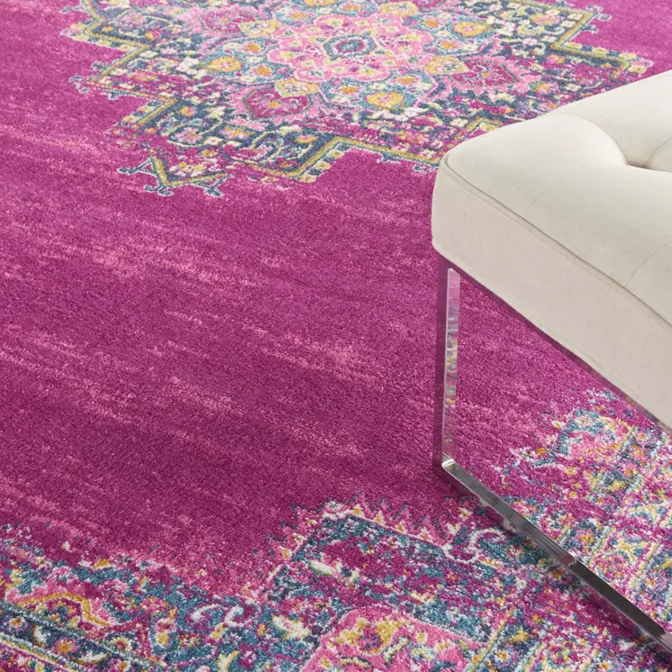 5' X 7' Fuchsia And Blue Oriental Distressed Area Rug