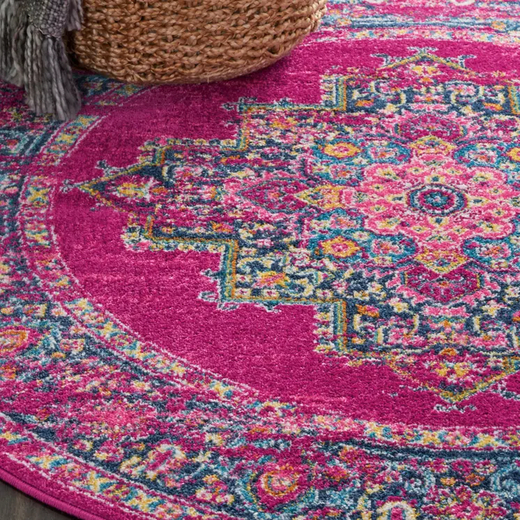 5' Fuchsia And Blue Oriental Distressed Round Rug