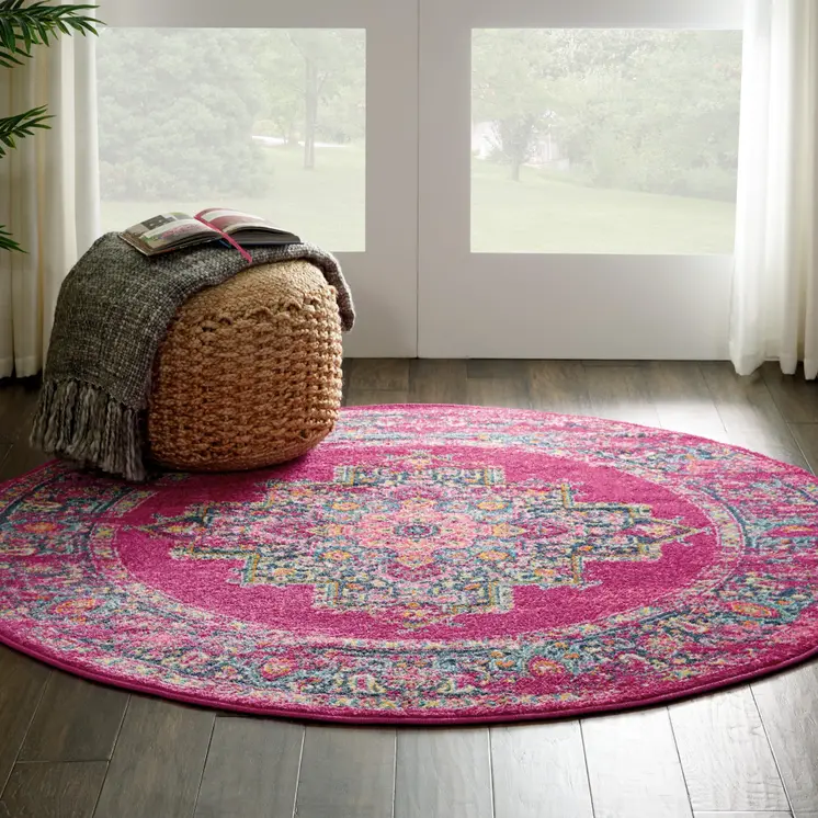 5' Fuchsia And Blue Oriental Distressed Round Rug