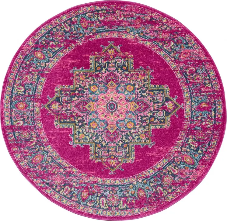 5' Fuchsia And Blue Oriental Distressed Round Rug