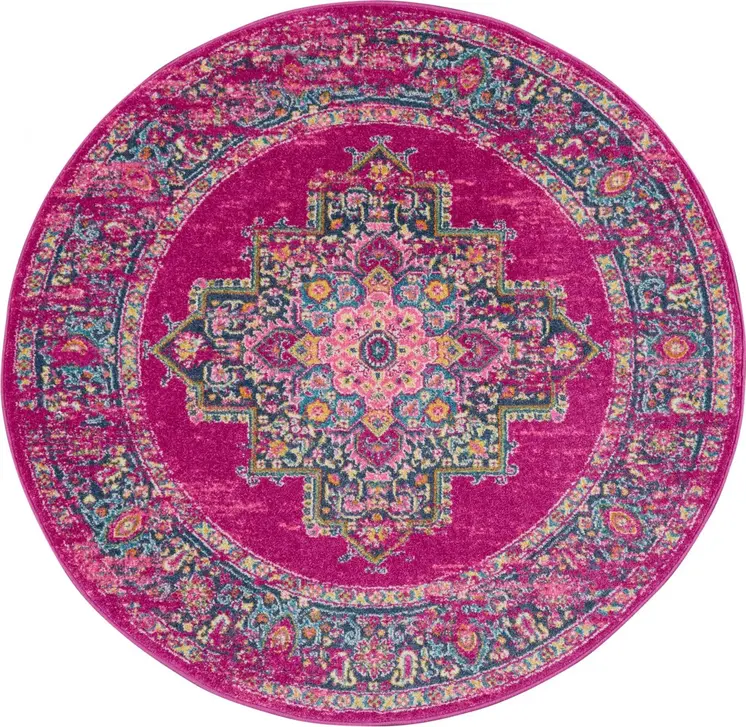5' Fuchsia And Blue Oriental Distressed Round Rug