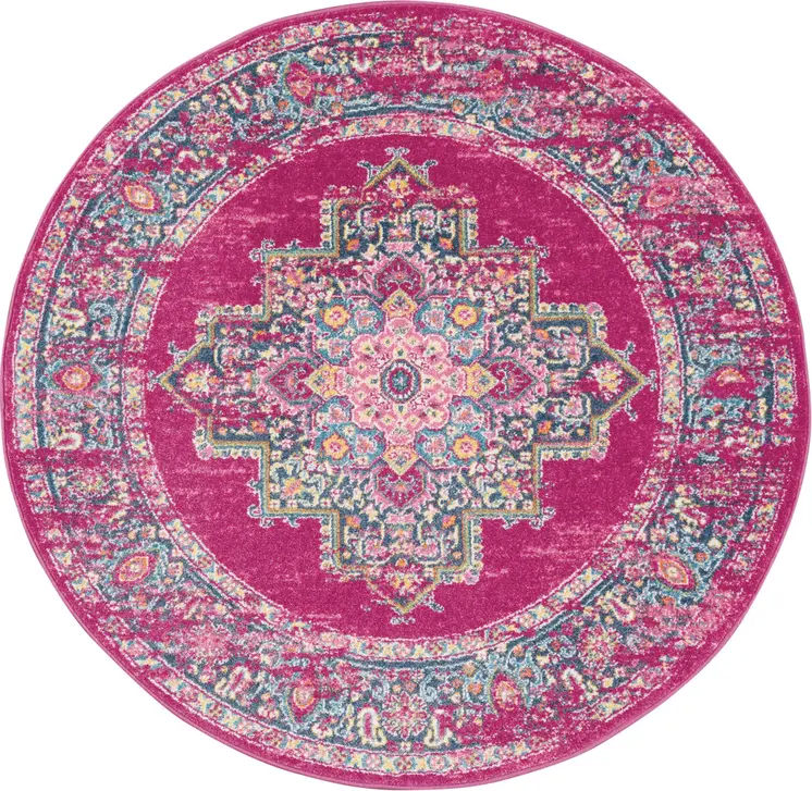5' Fuchsia And Blue Oriental Distressed Round Rug