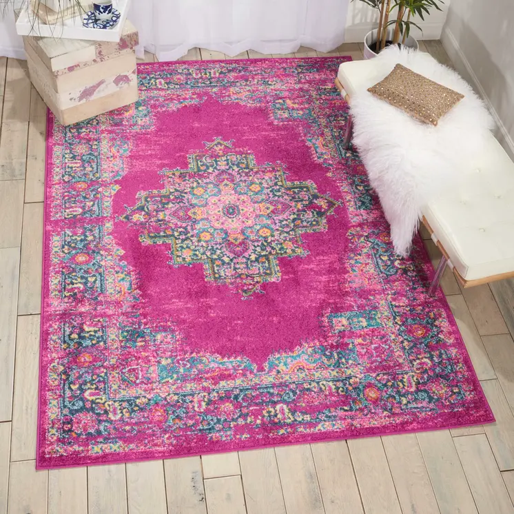 7' X 10' Fuchsia And Blue Oriental Distressed Area Rug