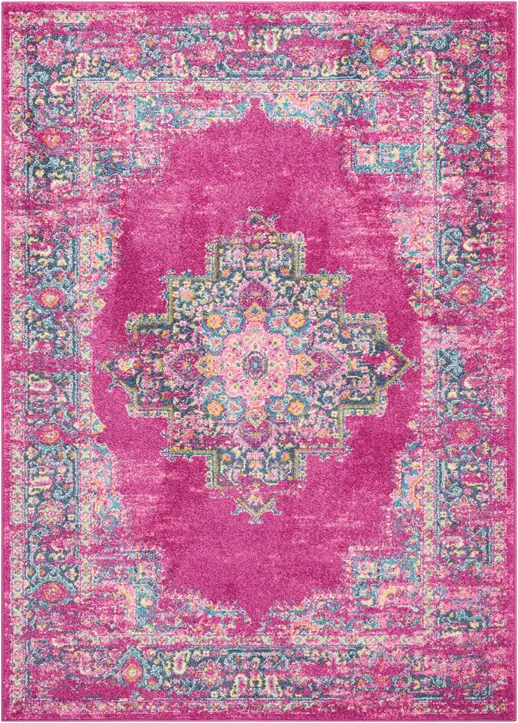 7' X 10' Fuchsia And Blue Oriental Distressed Area Rug