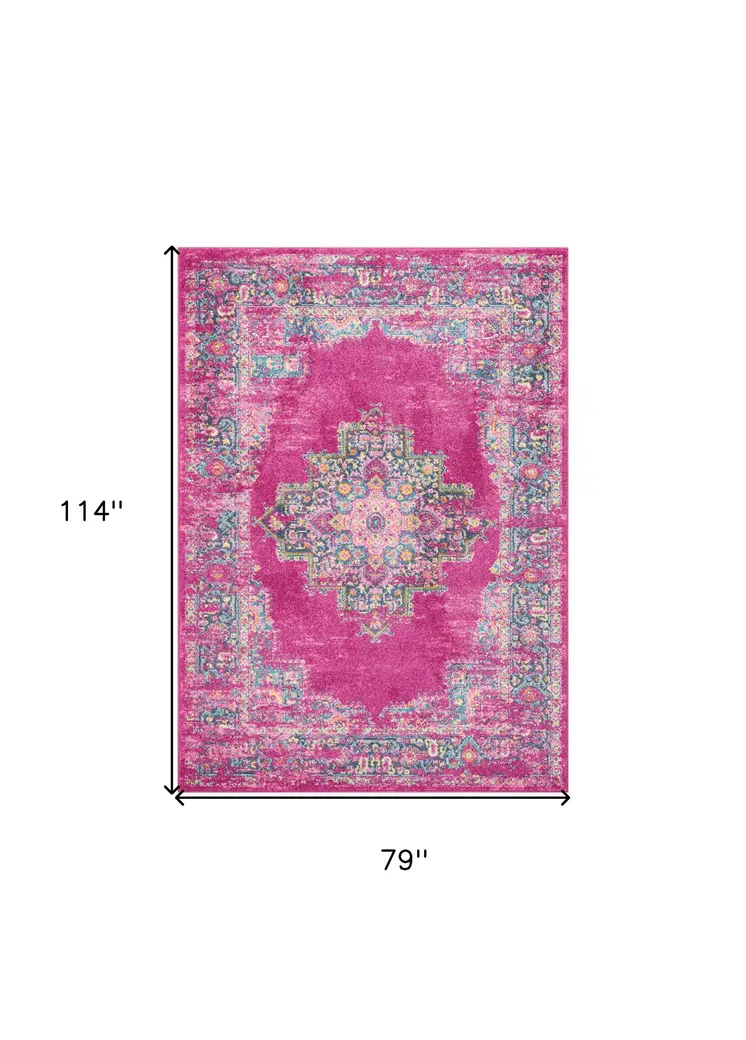 7' X 10' Fuchsia And Blue Oriental Distressed Area Rug