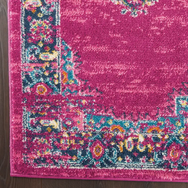 7' X 10' Fuchsia And Blue Oriental Distressed Area Rug