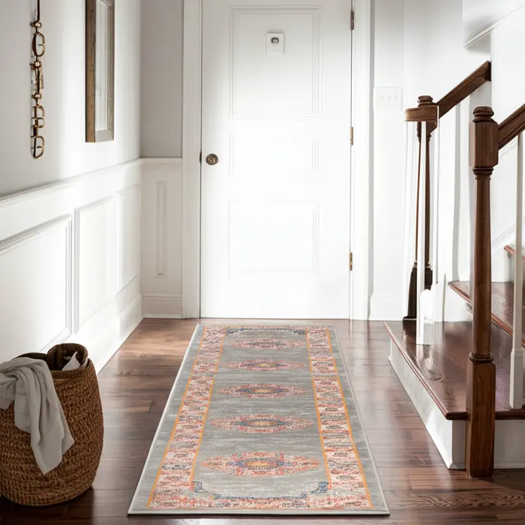 10' Gray And Gold Medallion Distressed Runner Rug