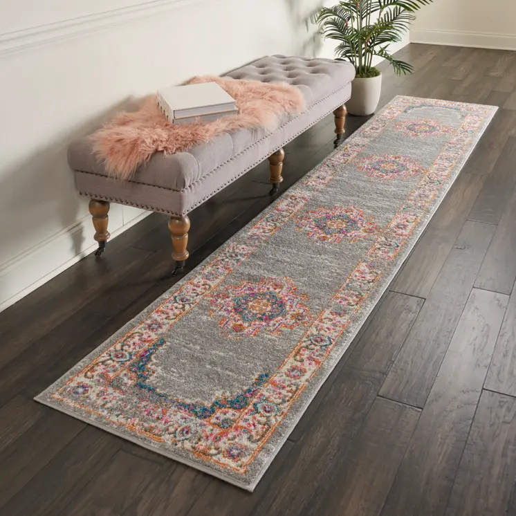 10' Gray And Gold Medallion Distressed Runner Rug